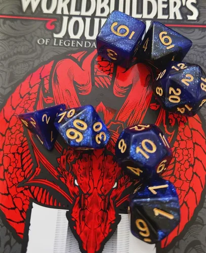 Vista 5 de DND - Juego de dados de nebulosa negra mezcla azul oscuro para Dungeon and Dragons D&D RPG juegos de rol, 7 dados poliédricos con bolsa de dados