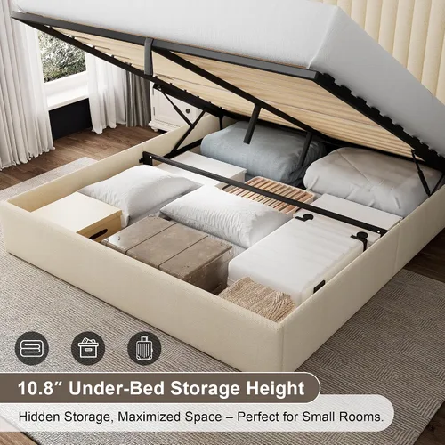 Vista 4 de Einhomn Cama de almacenamiento elevable de tamaño completo con cabecera de ala, marco de cama tapizado de lino con soporte de listones de madera