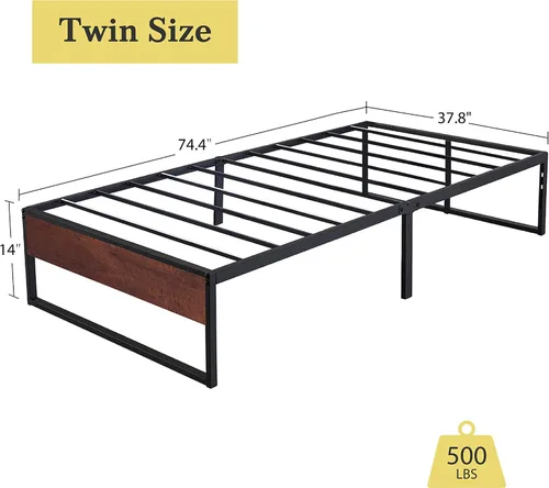 Vista 2 de HOOMIC Base de cama de plataforma de metal de 14 pulgadas con estribo de madera rústica, base de colchón con almacenamiento, listones de metal, sin