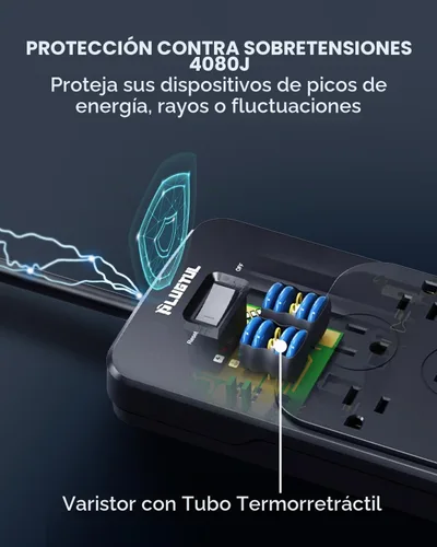Vista 3 de Regleta protectora de sobretensiones de 5 pies (4080J), protector de sobretensiones negro con 12 tomas, diseño espacioso para enchufes grandes