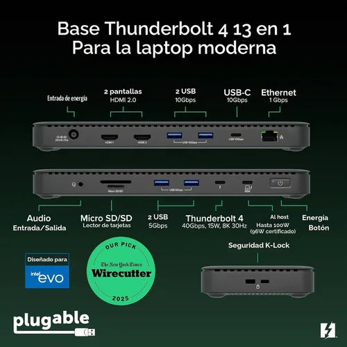Vista 2 de Plugable Base de Conexión Thunderbolt 4 con Carga de 100W, Certificado Thunderbolt, Estación de Acoplamiento para Laptop con Monitor Dual Único 8K