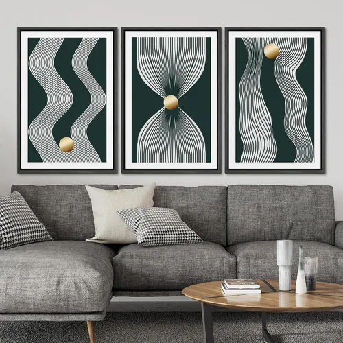 Vista 2 de SIGNLEADER Lienzo enmarcado para pared, juego de arte abstracto geométrico verde esmeralda, arte moderno geométrico zen de mediados de siglo