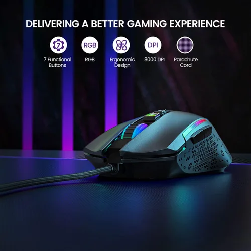 Vista 5 de EKSA Mouse para juegos mouse ergonómico con cable con 7 botones programables retroiluminación Chroma RGB 6 y ajustable 8000 DPI para jugadores de PC