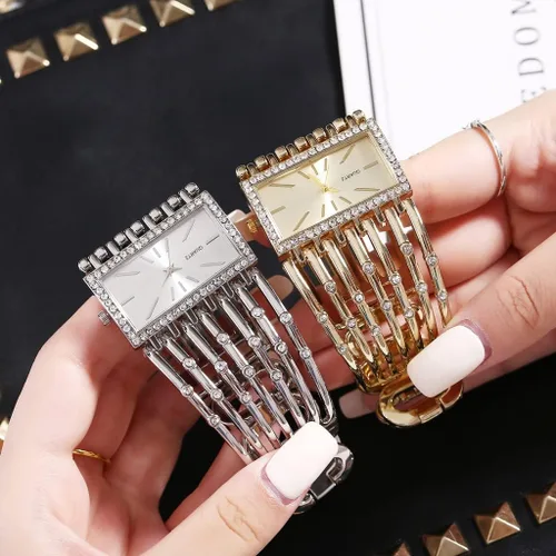 Vista 2 de Relojes de pulsera de moda para mujer, reloj de pulsera analógico de cuarzo con esfera rectangular de lujo, regalos para mujer