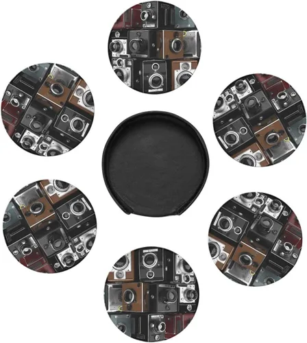 Vista 5 de Retro Cool Camera Collection Coasters Set of 6 with Holder Non-Slip Leather Coaster for Drinks Round Drink Coaster for Tabletop Protection, Cup Mat