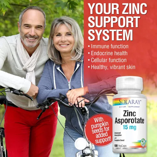 Vista 3 de Solaray Zinc Asporotate 15mg Complejo Quelatado Apoyo inmunológico y endocrino, fórmula de salud celular y piel, 100 cápsulas vegetales