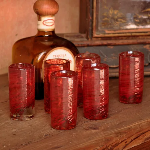 Vista 2 de NOVICA Vasos de chupito de vidrio reciclado de remolino rojo soplado a mano, 2 onzas 'Ripe Ruby' (juego de 6)