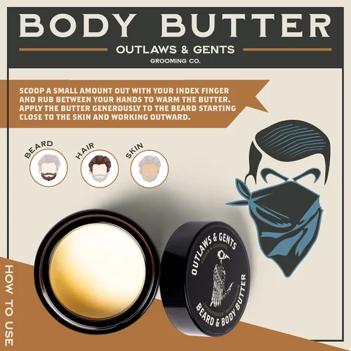 Vista 5 de Outlaws and Gents Grooming Co. Mantequilla para barba y cuerpo – Humectante natural con aroma a vainilla de tabaco para hombres – Hidrata
