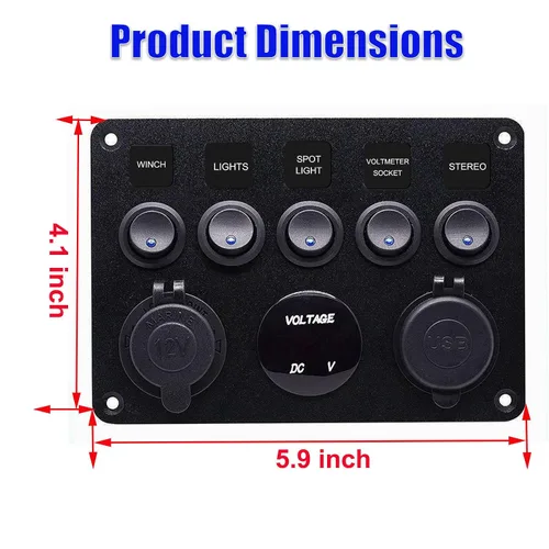 Vista 5 de Panel de interruptor basculante de 5 posiciones con PD Tipo-C, cargador USB, voltímetro digital y salida de 12V para automóvil, barco, camión