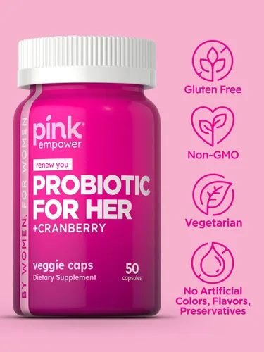 Vista 4 de PINK Probióticos para mujeres Cápsulas de apoyo para la salud digestiva más arándano 50 unidades Suplemento vegetariano, sin OMG y sin gluten