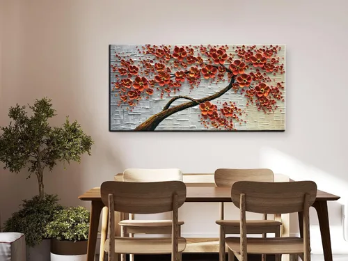 Vista 3 de YaSheng Art - Pintura al óleo pintada a mano sobre lienzo Textura Paleta Cuchillo Pinturas Flores Rojas Pinturas Modernas Decoración del Hogar