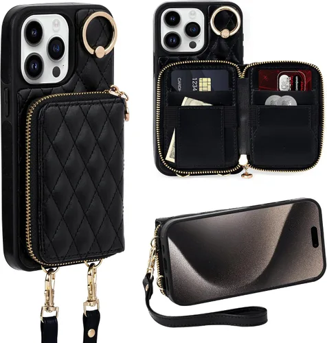 Vista 45 de Funda para iPhone 12 Pro/iPhone 12 de 6.1 pulgadas, cartera cruzada con cremallera para mujer, tarjetero con bloqueo RFID, funda de cuero con Negro