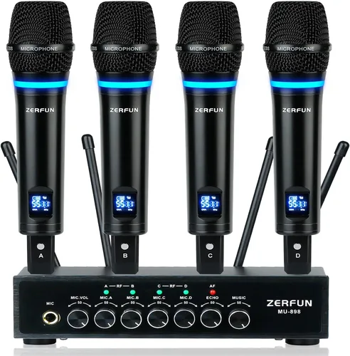 Vista 12 de Sistema de Micrófono Inalámbrico Recargable de 4 Canales, Micrófono de Mano de Metal UHF Profesional con Auriculares y Micrófono de Solapa Lavalier