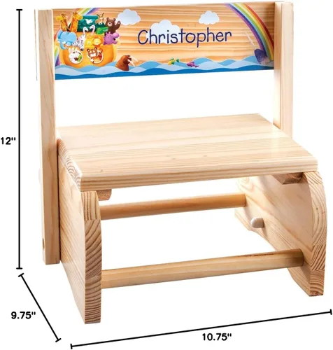 Vista 4 de Taburete personalizado natural de arca de Noé, hecho de madera duradera, acabado natural, mide 9 3/4 pulgadas x 10 3/4 pulgadas