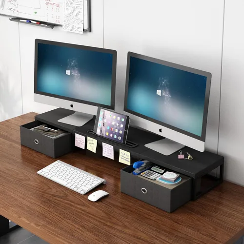 Vista 8 de Soporte elevador para monitor doble de 39 pulgadas con 2 cajones, soporte grande de madera negra para 2 monitores, organizador de escritorio
