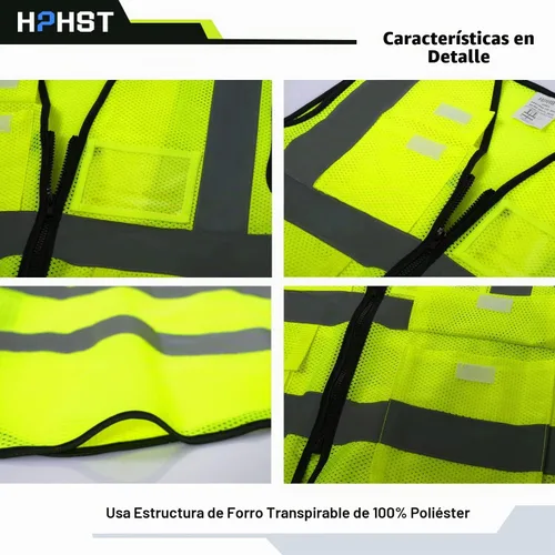 Vista 6 de Chaleco de seguridad reflectante de alta visibilidad con 5 bolsillos, cremallera frontal, cumple con las normas ANSI/ISEA Malla amarilla