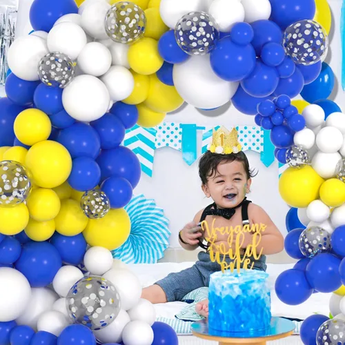 Vista 6 de Kit de arco de guirnalda de globos azules, amarillos y blancos, 116 globos de confeti azul real, amarillo, blanco, plateado, para cumpleaños, novia