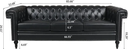 Vista 2 de Sofá Chesterfield moderno de tres plazas, sofá de piel sintética con brazos cuadrados, cómodos sofás para sala de estar, oficina, sala de recepción