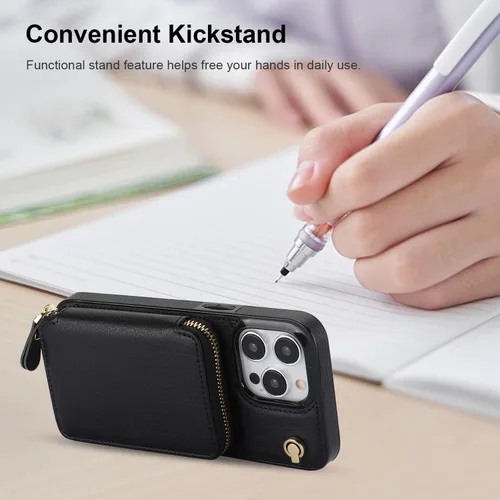 Vista 6 de Bocasal Funda tipo cartera cruzada para iPhone 15 Pro Max, funda de piel con bloqueo RFID y soporte para tarjetas, funda protectora con cremallera