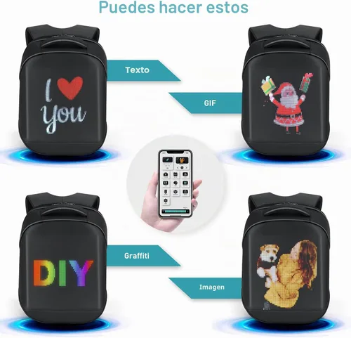 Vista 2 de Mochila para laptop con pantalla programable, mochila LED para laptop con control de aplicación, bolsa LED impermeable, viajes, mochila