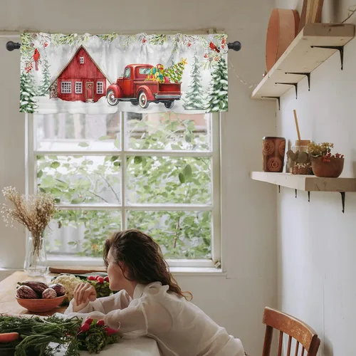 Vista 7 de Paquete de 2 cenefas cardenales rojas para dormitorio, sala de estar, diseño de camión rojo con texto en inglés "Merry Christmas", cortinas romanas
