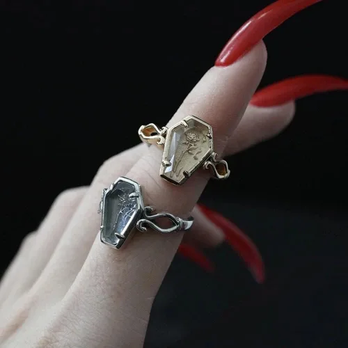 Vista 2 de OIDIMS Anillos abiertos de ataúd de rosas con diseño de ataúd de flor de rosa, estilo punk gótico, para mujeres y hombres, ajustable, extensible