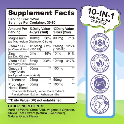 Vista 2 de Glicinato de magnesio líquido para niños, con citrato, manzanilla, L-teanina, omega-3, vitamina B12, D3, zinc, gotas de magnesio para niños