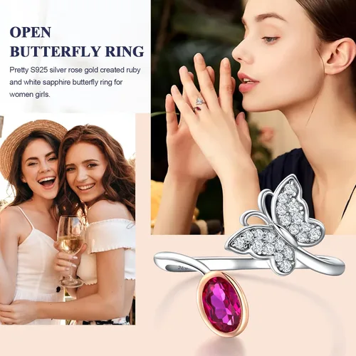 Vista 2 de DAYBYDAY Anillo de mariposa de plata de ley 925 para mujeres y niñas, delicados anillos de aniversario, chapado en oro rosa, dos tonos, creado