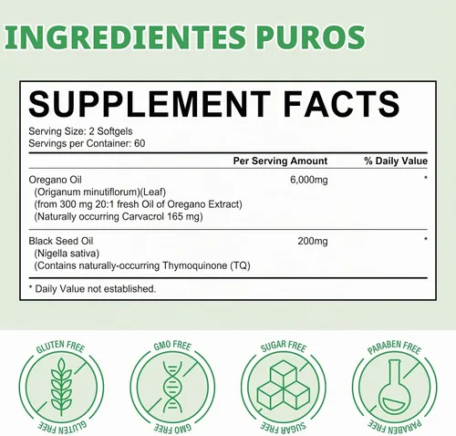 Vista 7 de Aceite de orégano con aceite de semilla negra, cápsulas de aceite de orégano de 6000 mg, 2 en 1 formulado con aceite de semilla negra de 200 mg