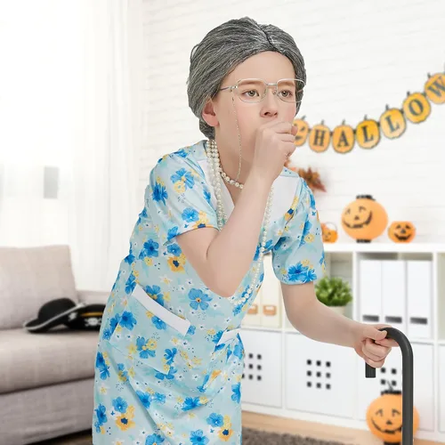 Vista 5 de Old Lady Costume for Kids - 100 Days of School Costume for Girls,Grandma Nightgown Granny Wig,Old Woman Costume Set