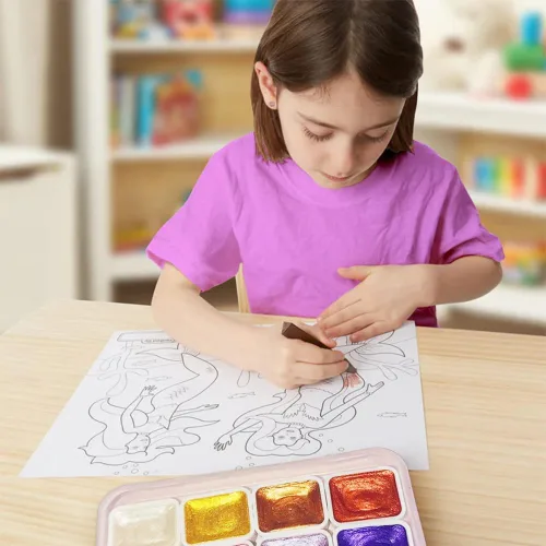 Vista 5 de Juego de pintura de acuarela de 12 colores, suministros de dibujo, juego de pinturas de acuarela metálicas brillantes, kit de pintura colorida