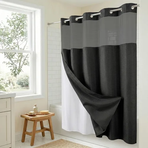 Vista 6 de Americanflat 72x75 cortina de ducha sin gancho con patrón de gofres - Cortina de ducha larga resistente al agua con panel transparente, forro