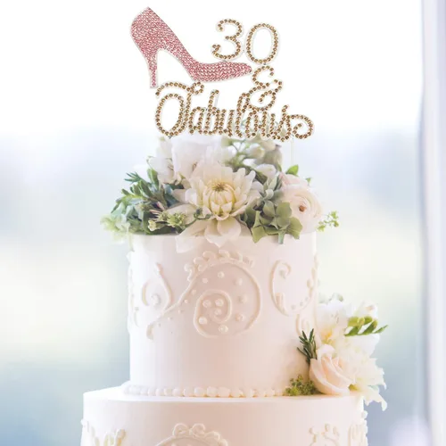Vista 4 de LINGTEER 30 fabulosos adornos para tartas de cristal con diamantes de imitación de tacón alto, color rosa, perfecto para 30 cumpleaños, aniversario