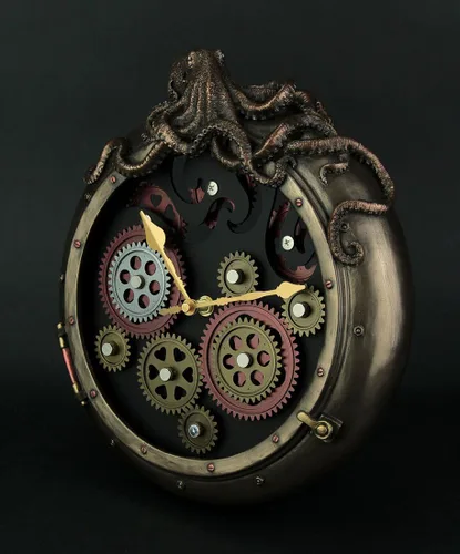 Vista 2 de Veronese Design Steampunk - Reloj de pared con diseño de ojo de buey y pulpo con engranajes móviles
