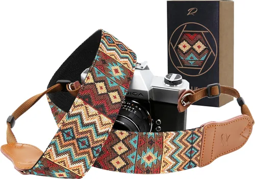 Vista 12 de Padwa Lifestyle Helios Moon God - Correa para cámara de 2 pulgadas, doble capa, extremos de piel vacuna, correas de cámara para fotógrafos, tejido