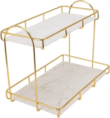 Vista 5 de Fydun 2 Tier Cosmetic Storage Shelf Large Capacity Waterproof Gold Metal Storage Shelf Rack for Bathroom Kitchen Bedroom