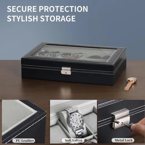 Vista 18 de AUTOARK AW-004 - Caja de cuero para 6 relojes y 3 lentes y gafas de sol con organizador de joyas, cajas de almacenamiento para hombre y mujer, tapa