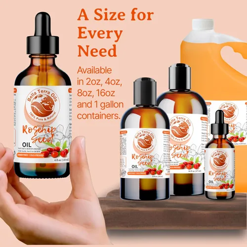 Vista 8 de Bella Terra Oils Aceite de semilla de rosa mosqueta puro para una piel brillante y cabello brillante – 1 galón, rejuvenecedor, hidratante, no graso
