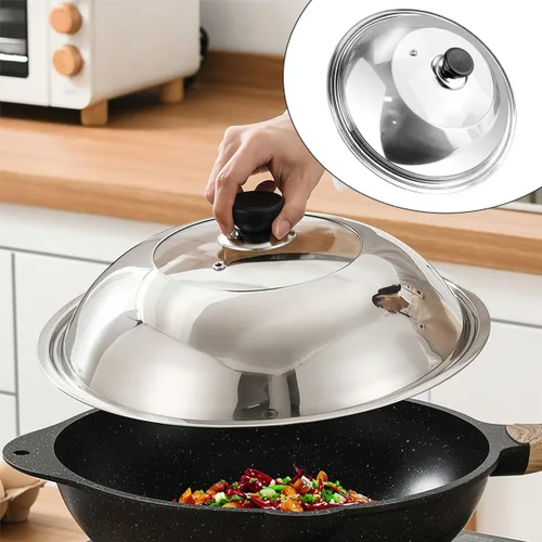 Vista 7 de Tapas de sartén de vidrio templado de 12.5 pulgadas con asa de repuesto, accesorios de wok para sartén, hierro fundido redondo, aluminio fundido
