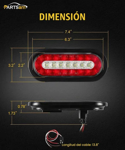 Vista 6 de Partsam 2 luces de freno de freno ovaladas de 6.3 pulgadas para camión, remolque, luces traseras de marcha atrás rojas y blancas, luces traseras