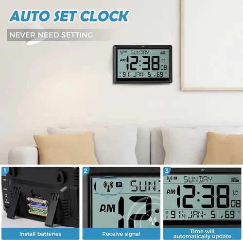 Vista 4 de Amgico Reloj de pared digital, reloj atómico de pantalla grande de 10.5", funciona con pilas, ajuste automático de calendario digital