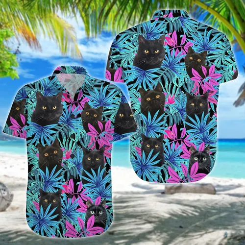Vista 2 de Cat - Camisa hawaiana para hombre, camisa de verano con botones de gato tropical, unisex, divertida camisa casual de manga corta para hombre