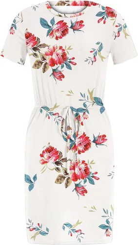 Vista 7 de JeashCHAT Womens Summer Mini Dresses Floral Printed Short Sleeve Sundress Casual Beach Dresses with Pockets