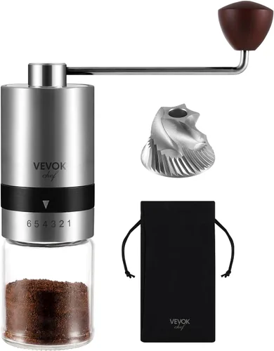 Vista 10 de VEVOK CHEF Molinillo de Café Manual Molinillo de Café de Mano 6 Configuraciones Ajustables Externas Acero Inoxidable Rebaba Cónica Molino de Café