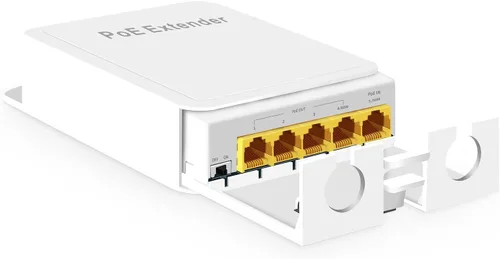 Vista 8 de MokerLink Extensor PoE de 4 puertos para exteriores, IEEE 802.3 af/at PoE repetidor, 10/100 Mbps, 1 PoE en 3 salidas PoE, interruptor de paso POE