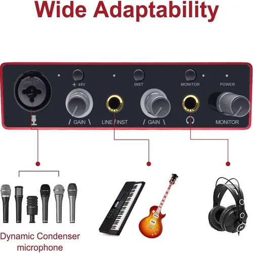 Vista 2 de Interfaz de audio USB con preamplificador de micrófono, grabadora mezcladora de audio USB con alimentación fantasma de 48 V, 24 bits, soporte