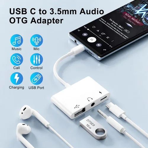 Vista 2 de USB C a 3.5mm Adaptador de Audio OTG, Adaptador USB-C a USB 3en1 con Conector de Auriculares de 3.5mm y Carga Rápida PD de 60W, Compatible