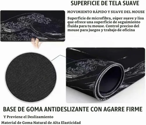 Vista 5 de Alfombrilla de mouse extendida con diseño de anime japonés de olas marinas, alfombrilla de escritorio grande de 31.5 x 11.8 pulgadas con base