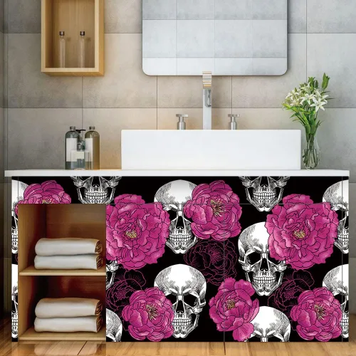 Vista 6 de Sugar Skull Penoy Papel Tapiz Floral de Despegar y Pegar para Dormitorio Negro/Blanco/Rojo Papel de Contacto Removible Decoraciones de Pared