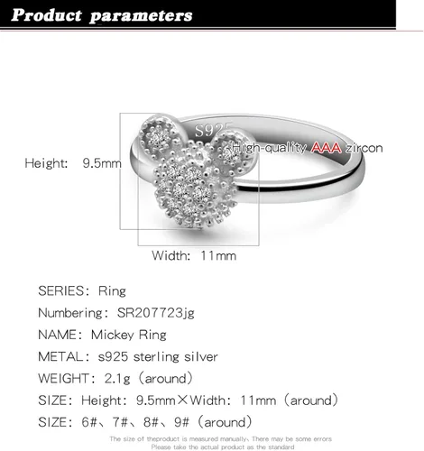 Vista 2 de H&Beautimer Anillos de plata de ley 925 para mujer, bonitos anillos de diseño de Mickey, joyería fina para mujeres y niñas, anillos de boda AAA CZ
